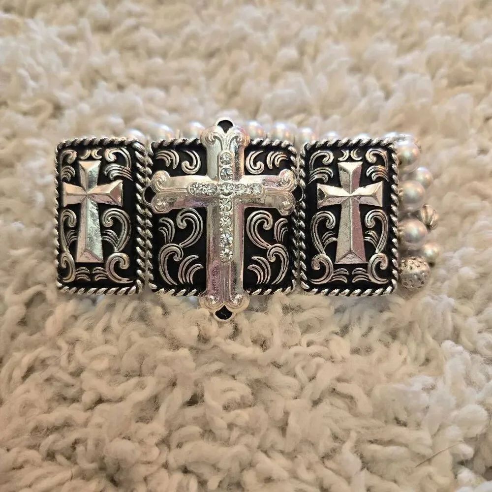 Cross Stretch Bracelet Silver Beads & Rhinestones